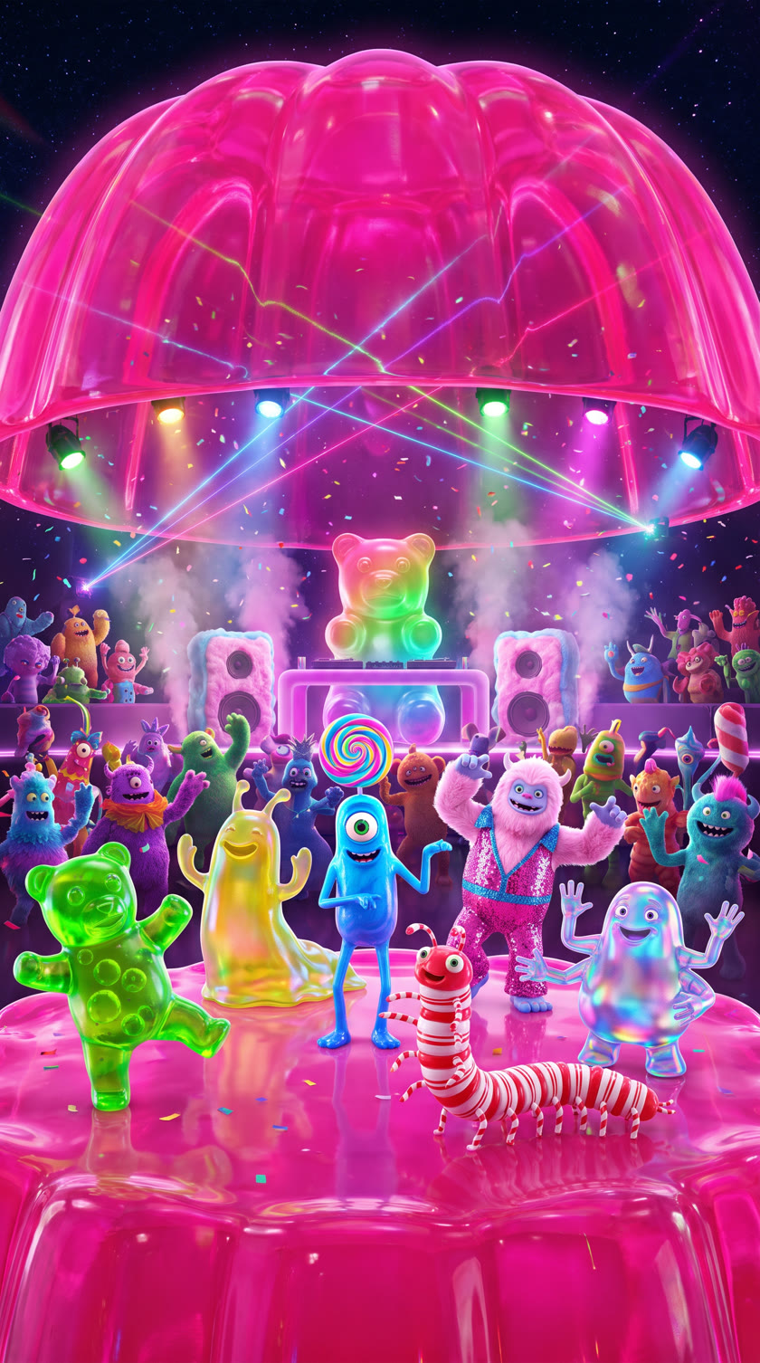 Candy Jelly universe: gummy bears, slime monsters and a candy-cane centipede on a jelly stage