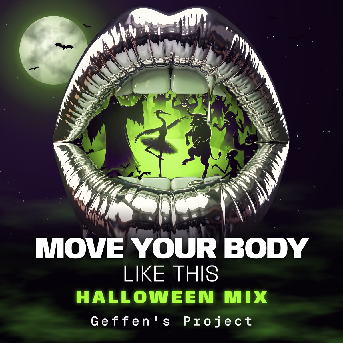 Halloween Mix cover: a monster party inside God's chrome mouth under a green moon