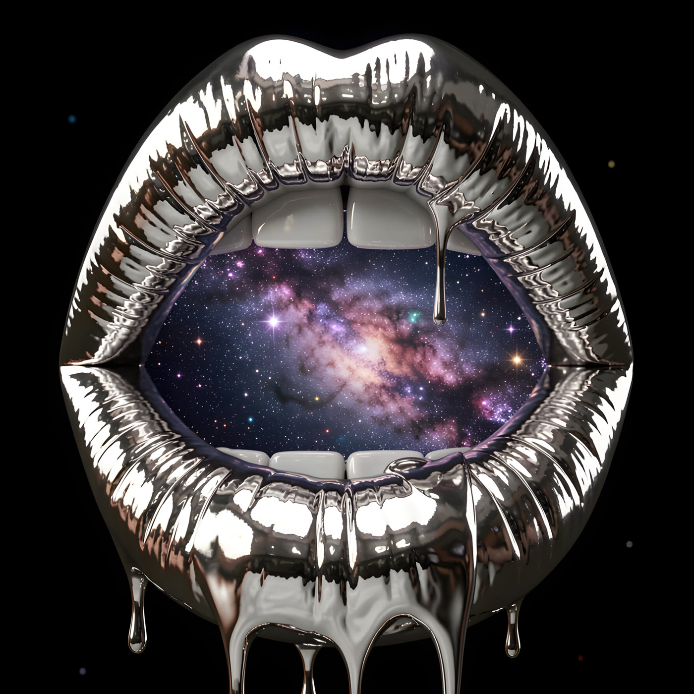 Key art without text: chrome lips with a galaxy inside