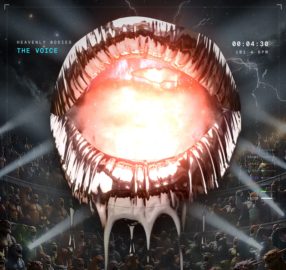 Frame from the video: God's chrome lips glowing above a crowd of monsters